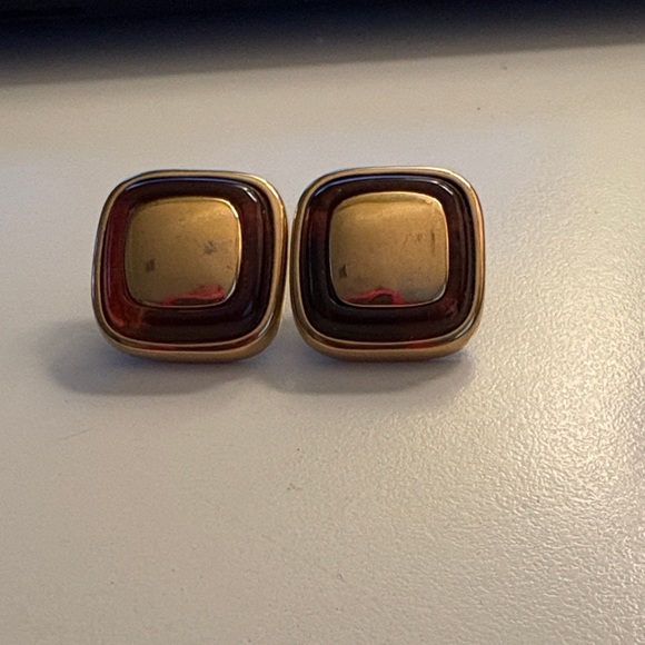 Vintage 1980’s Signed Courreges Gold and Faux Tortoise Square Clip On Earrings - Picture 1 of 16